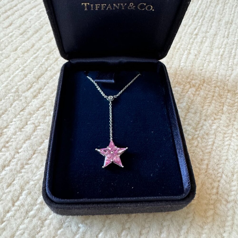 Tiffany & Co. Pink Sapphire Star Drop Necklace with Diamond detail, Orig $4800